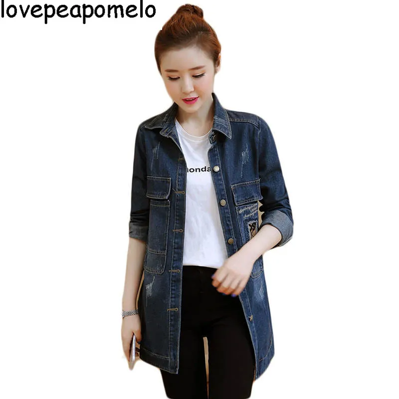

2018 Spring Autumn New Women's Denim Jacket Female Long Section Korean Fashion Slim Long-sleeved Printed Women's Jacket D312