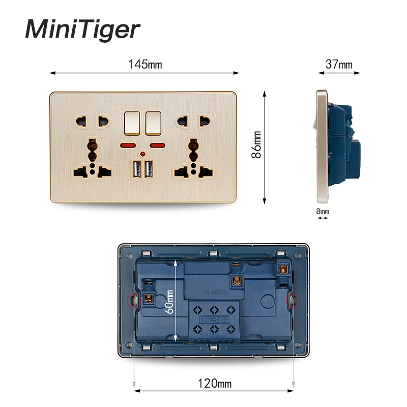 Настенная розетка Minitiger с двойным универсальным 5 отверстием переключаемая 2.1A