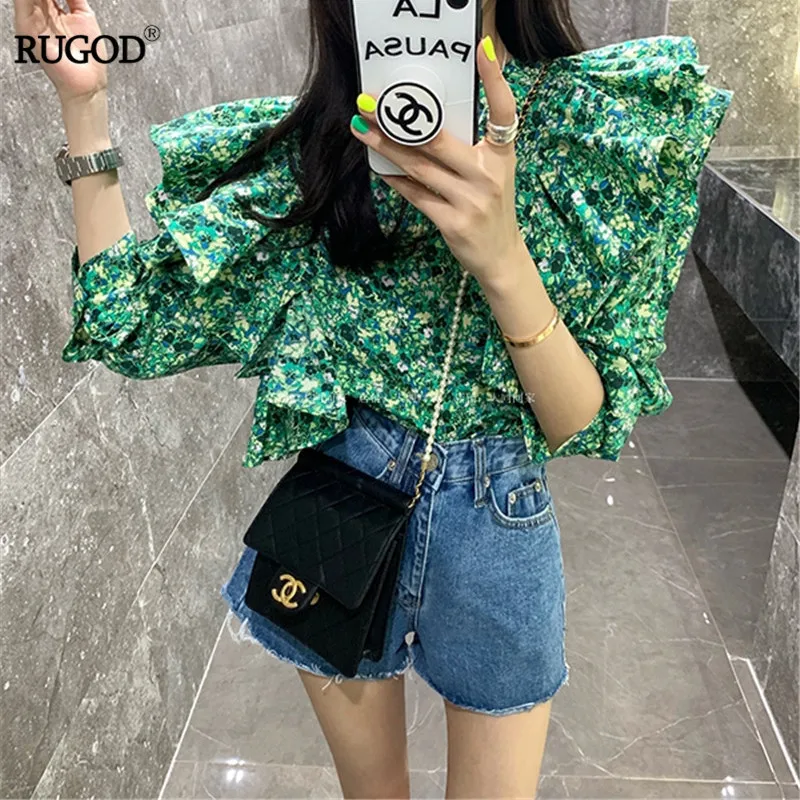 

Женская шифоновая блузка с цветочным принтом, круглым вырезом и длинным рукавом