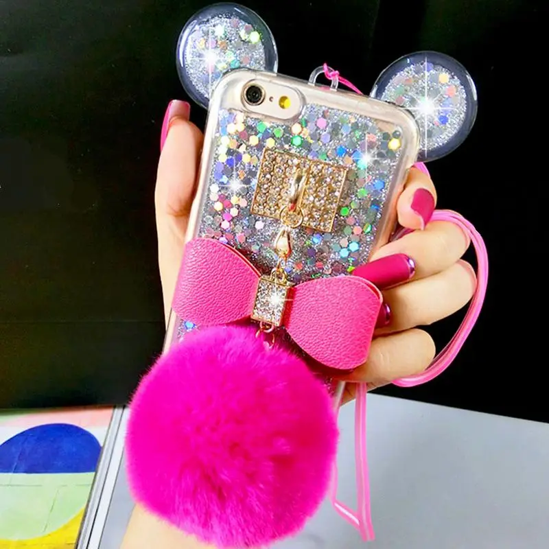 For iphone 6 6s 7 plus 6+ Korea Glitter Flake Soft Bow Pompom Fur Ball Lanyard Strap diamond Rhinestones case cover |