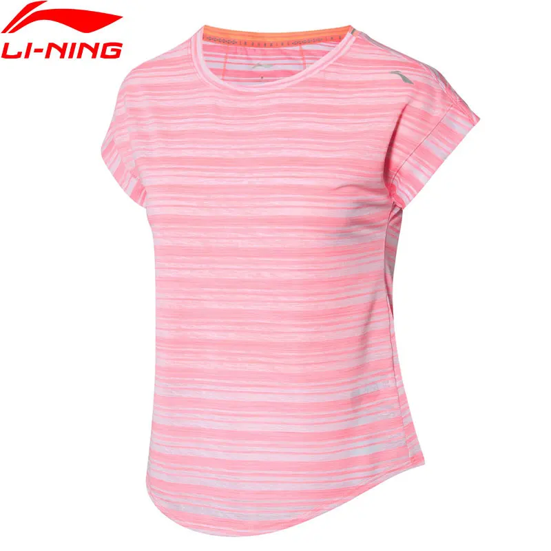 Li-Ning женский топ для бега с коротким рукавом в полоску из полиэстера с дышащей подкладкой Светоотражающие спортивные футболки ATSP108 WTS1509