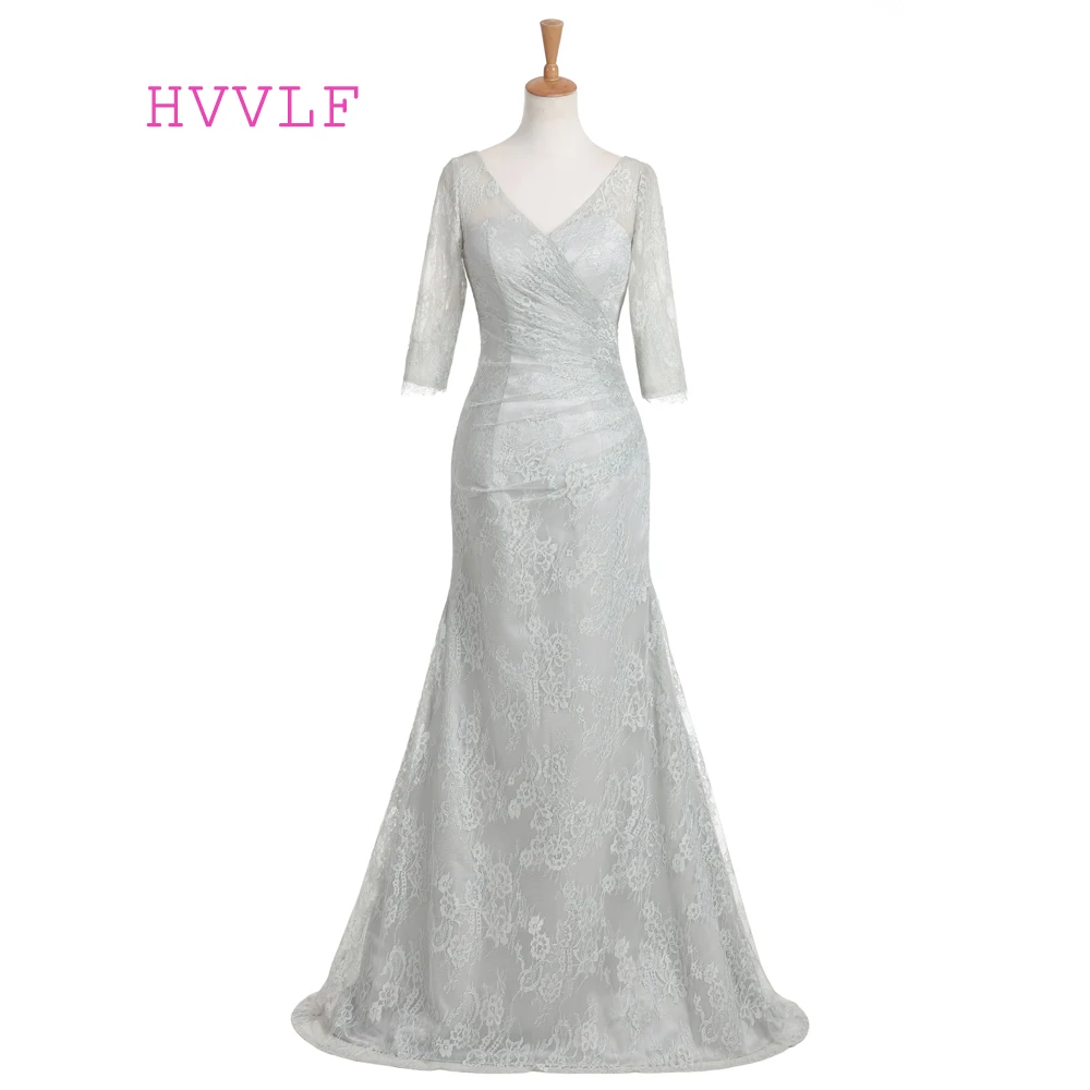 

Silver Evening Dresses Mermai V-neck Half Sleeves Lace Women Long Evening Gown Prom Dress Prom Gown