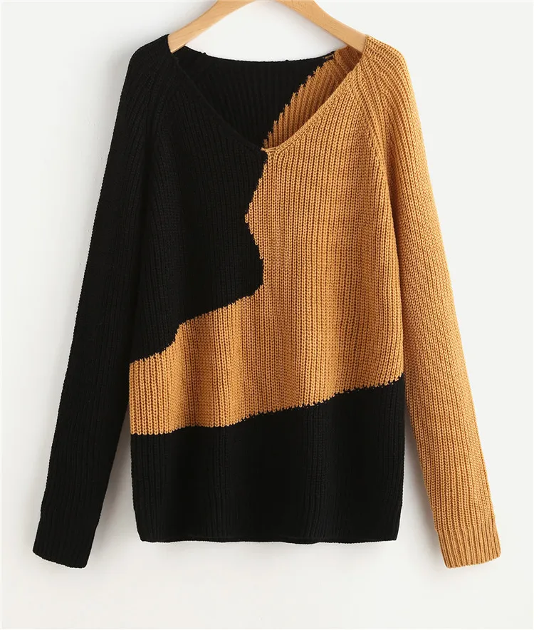 YYFS Women V-neck Sweaters Autumn Winter 2017 Pull Jumpers Patchwork Color Oversize Loose Casual Knitted Long Sleeve Sweater | Женская