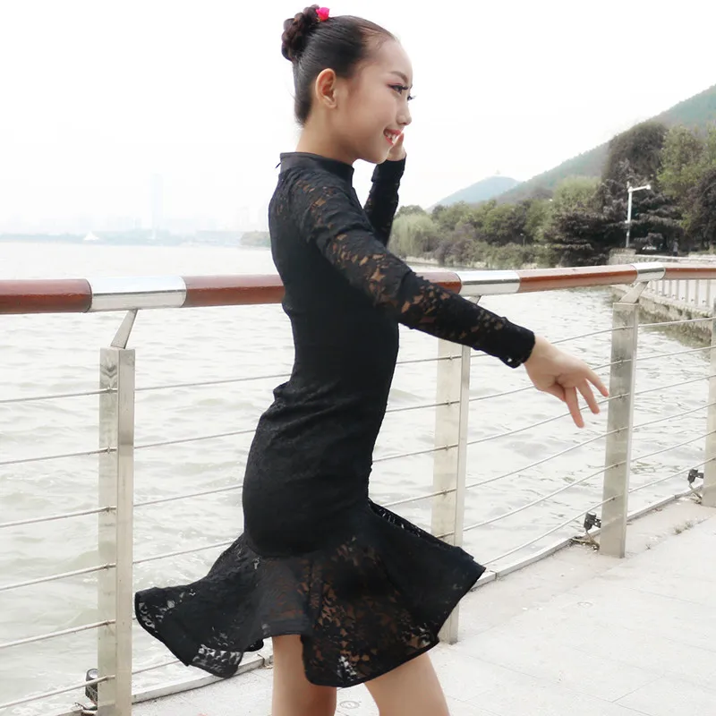 Black Lace Girls Latin Dance Dress for Skirt long Sleeves sslsa Ballroom Samba Dancing Dresses Kids Mini | Тематическая одежда и