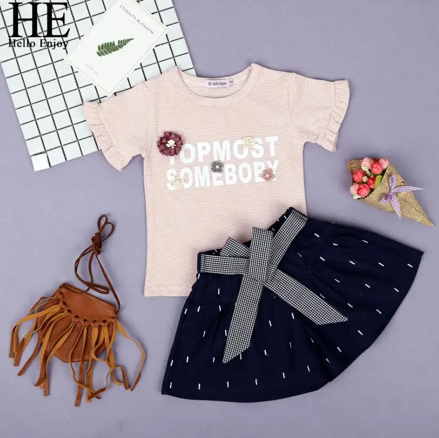 HE Hello Enjoy/комплекты одежды для девочек коллекция года, летняя модная детская одежда детская футболка в полоску с короткими рукавами и надписью+ юбка с бантом, костюмы - Цвет: pink