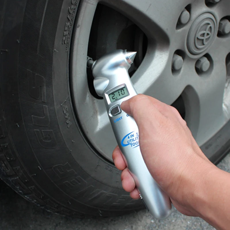 4 in 1 High Precision Digital LCD Car Auto Tire Gauge Tyre Meter Pressure Emergency Hammer Flashlight Cutter Diagnostic Tool |