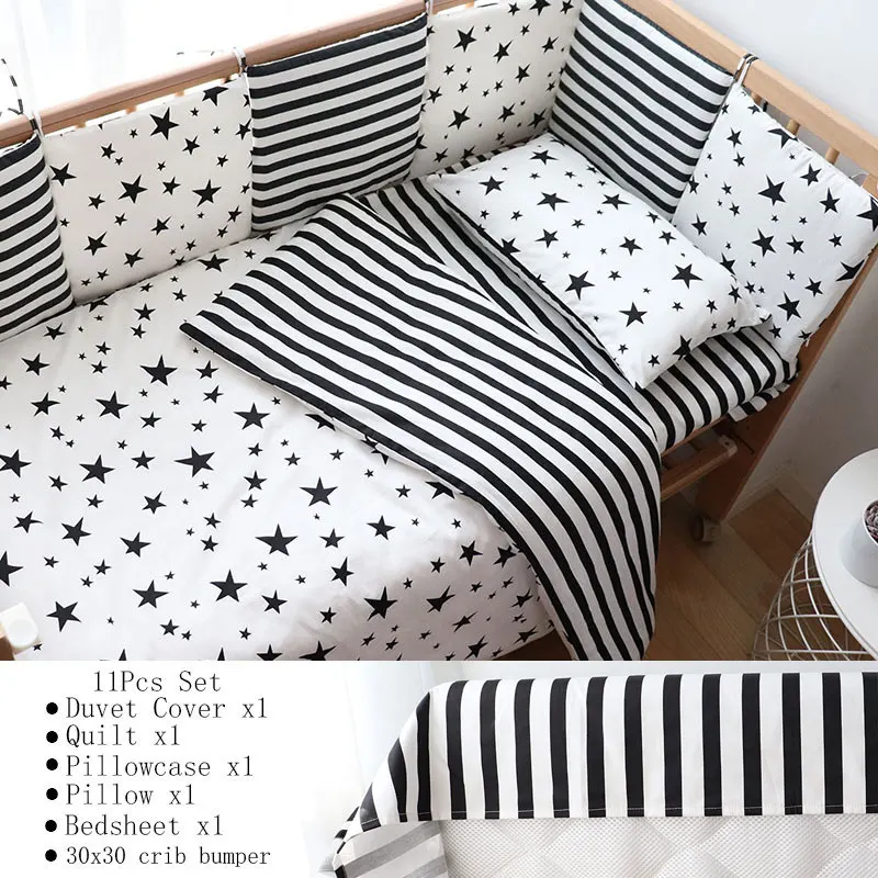 11Pcs Flat Bk Star Детский комплект постельного белья в скандинавскую полоску со звездами, Комплект постельного белья с бампером, хлопковое мягкое детское постельное белье для новорожденных, декор для детской комнаты - Цвет: 11Pcs Flat Bk Star