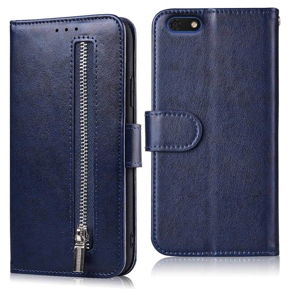 61zipper--Blue Чехол-Кошелек из искусственной кожи на молнии для huawei Y6 ATU-L21 чехол с ремешком для телефона чехол для huawei Y6 глянцевый чехол с подставкой - Цвет: 61zipper--Blue
