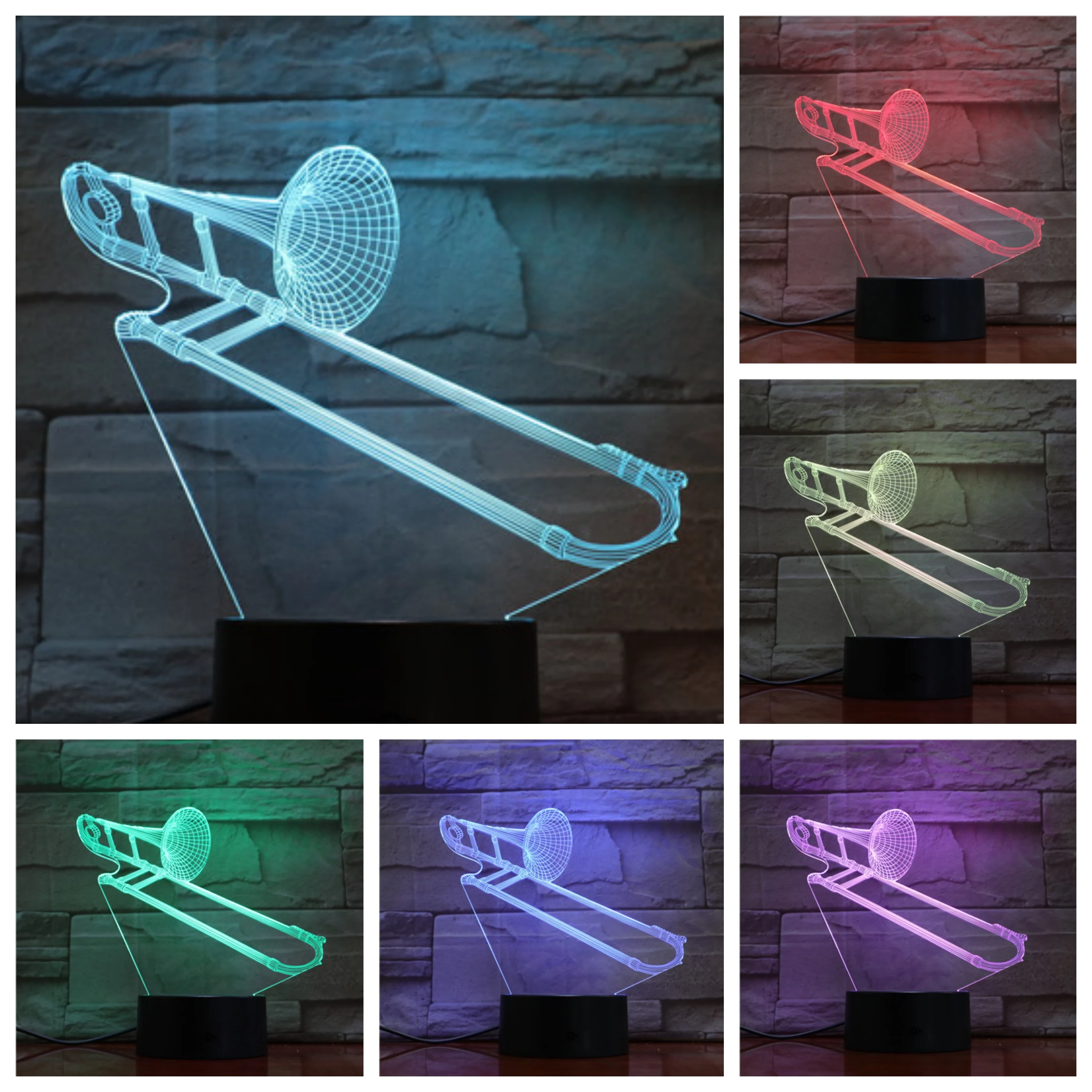 Usb светодиодный 3d-ночник Trombone многоцветный RGB для мальчиков детские подарки для малышей музыкальный инструмент атмосферная настольная лампа прикроватная неоновая