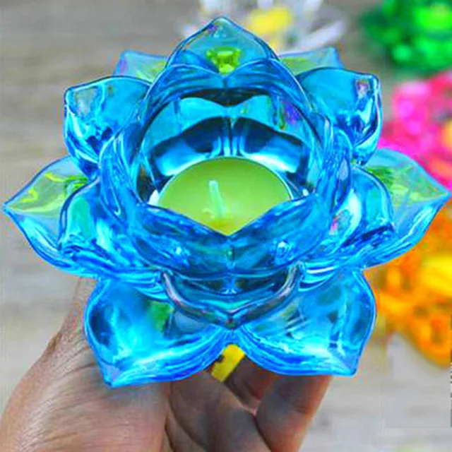 Blue Красочные Хрустальные стеклянные лотоса подсвечник лампа Будды буддийский геометрический подсвечник форнасетти держит свечи канделы украшения - Цвет: Blue