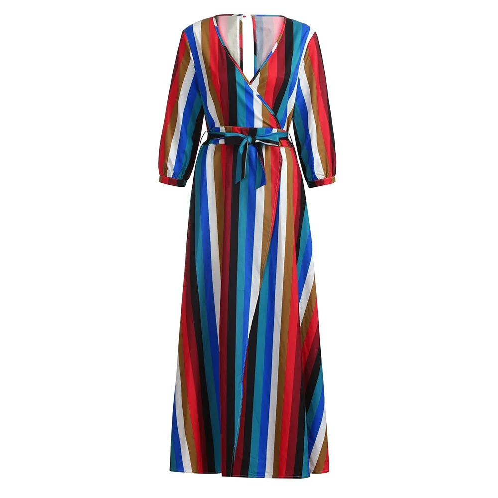 Multicolor Женское платье, одежда для девочек, женское повседневное разноцветное Полосатое длинное летнее платье с v-образным вырезом, Женское Платье макси с рукавом три четверти - Цвет: Multicolor