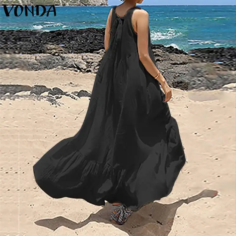 Белые хлопковые длинные платья для женщин летнее VONDA сексуальное платье без рукавов с v-образным вырезом однотонное винтажное платье размера плюс пляжный сарафан 5XL