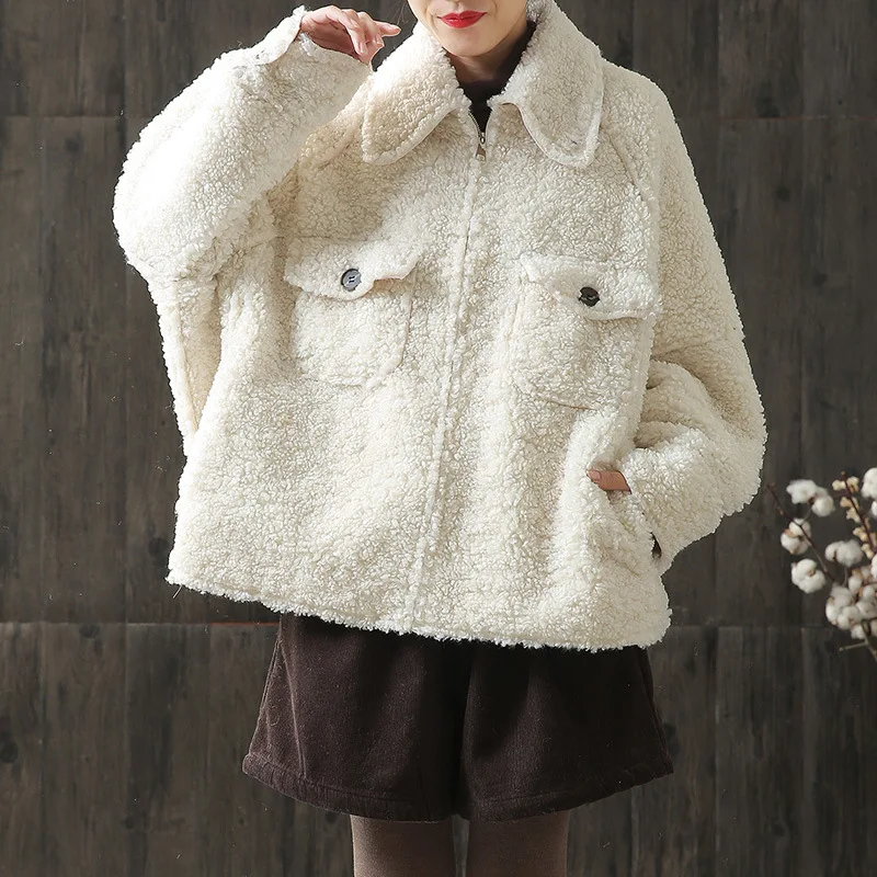 Loose Korean Lamb Fur Thick Warm Vintage Casual Winter Coat Women Tops Short Jacket Female Outerwaear Retro Woman Clothes QH416 | Женская