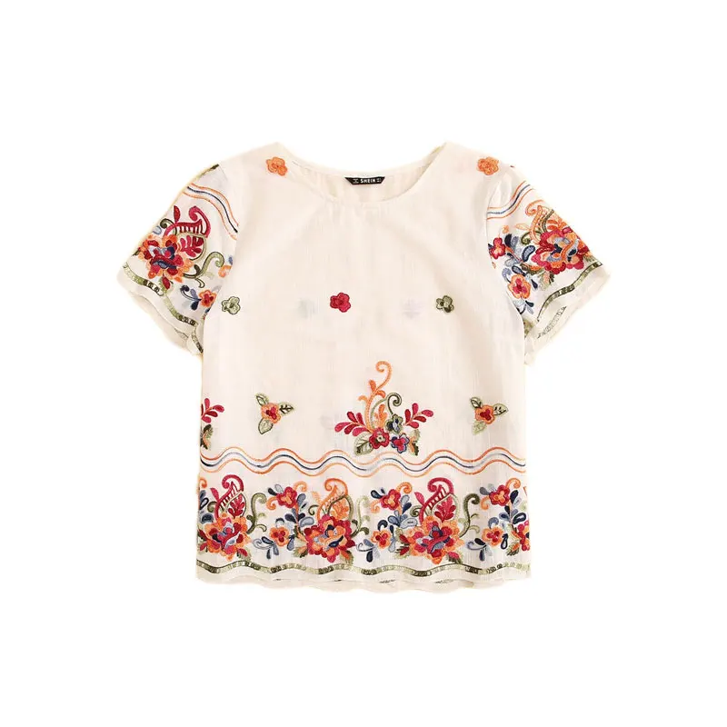 SHEIN белая блузка с цветочной вышивкой, Женские топы и блузки, Boho, хлопковая блуза с круглым вырезом и коротким рукавом,, женские топы