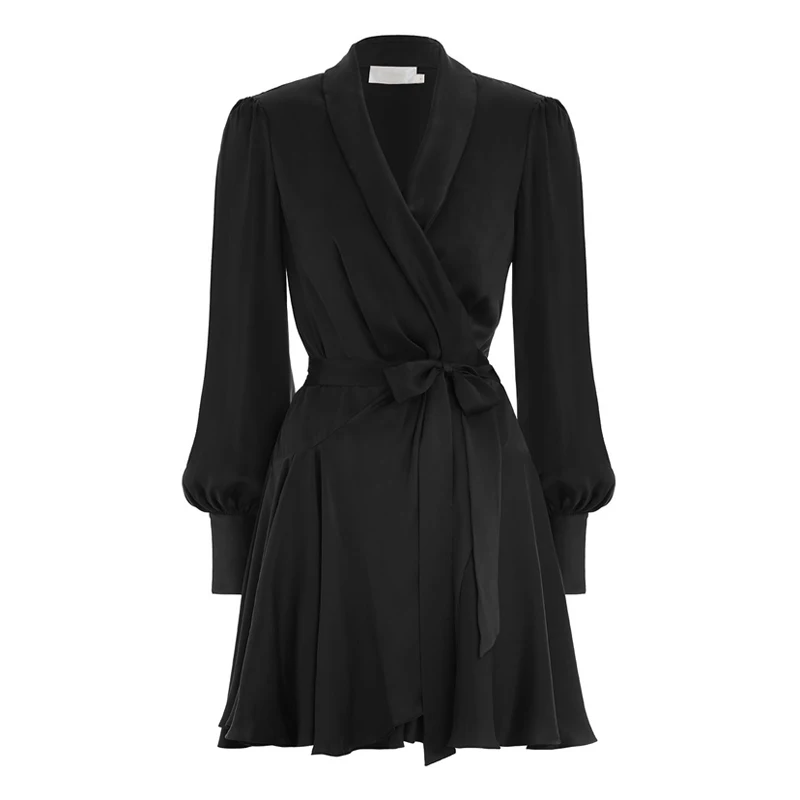 

INDRESSME 2019 New Women Black Sexy Club A-Line Dress Full Puff Sleeve Sashes Mini Dress V-Neck Lady Fashion Autumn Dress