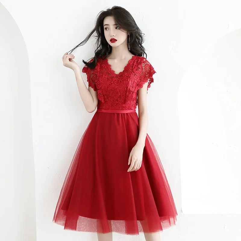 Платье вечерние платье, вечерний наряд невесты сестры Vestido сексуальные кружевные бордовые платья TS702