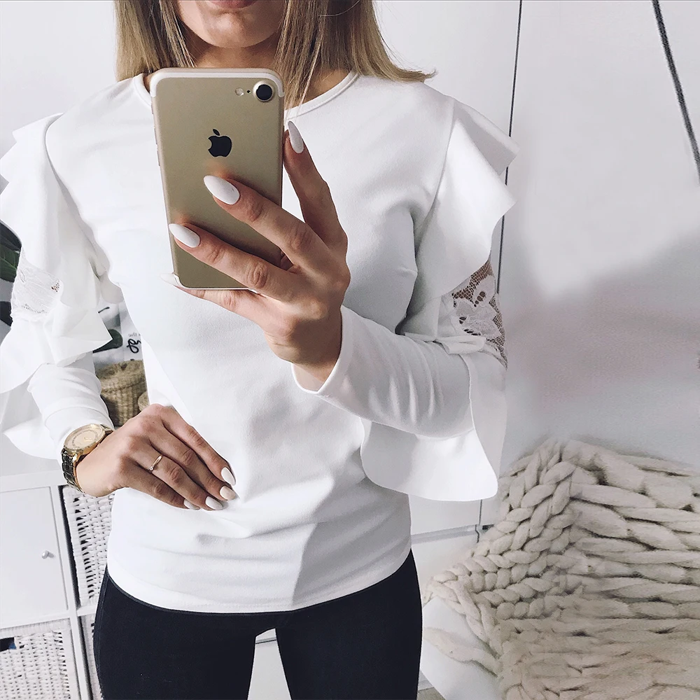 Женская Осенняя кружевная блузка с оборками и цветочным принтом однотонная