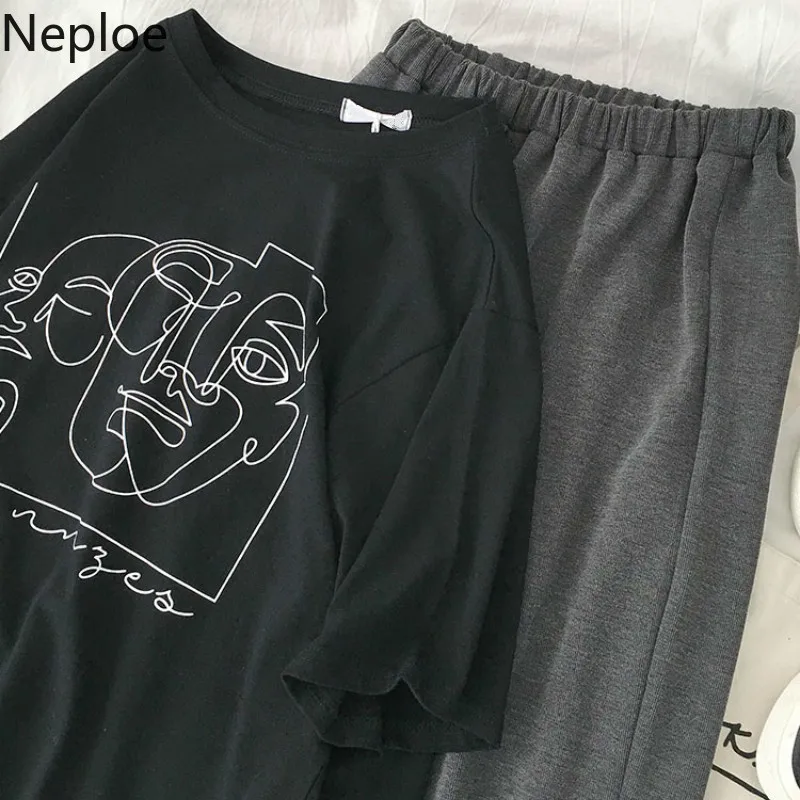 Neploe Женская одежда из двух частей, Корейская фигура, принт, шорты и футболка с круглым вырезом, рукав, футболки+ эластичные штаны с высокой талией, длина по щиколотку, 43741