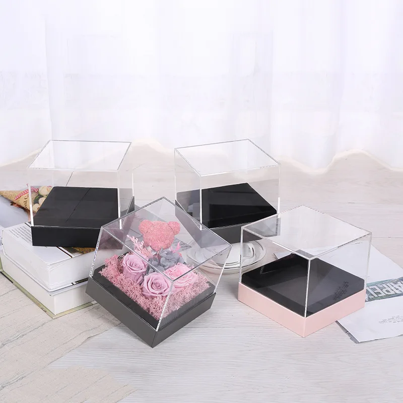 New Acrylic Rose Flower Box Makeup Organizer Artificial Bouquet Gift Home Decor Wedding With Cover | Дом и сад