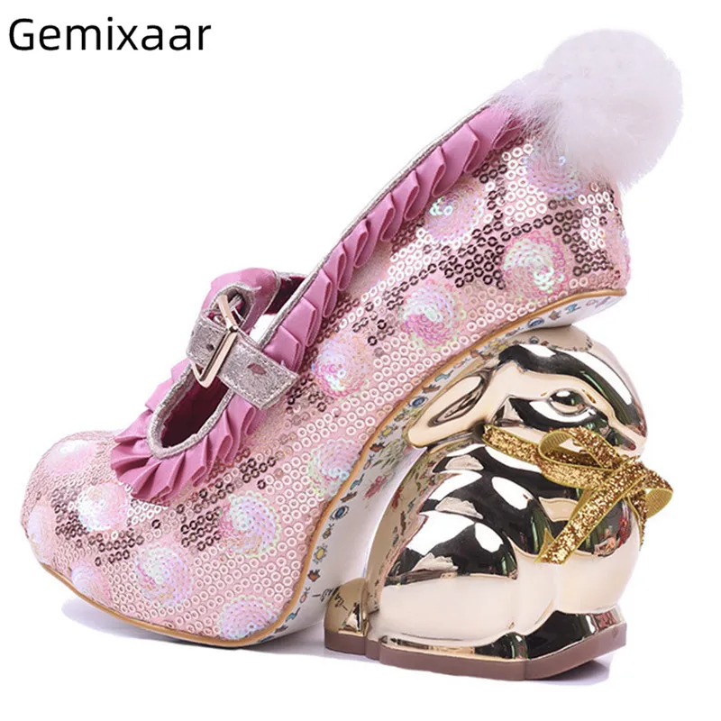 

Bling Sequins Banquet Shoes Woman Unique Rabbit Pattern Heel Round Toe Pleated Ruffles Pompoms Strange Heel Women Pumps