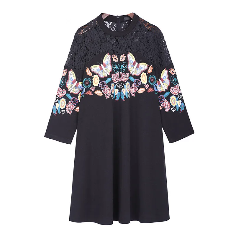 Женское кружевное платье Clobee XXXL 4XL 5XL Черное короткое с рукавом до локтя и принтом