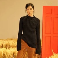 100 hand made pure wool knit women streetwear oneck flare sleeve open hem h straight solid pullover sweater oneover size