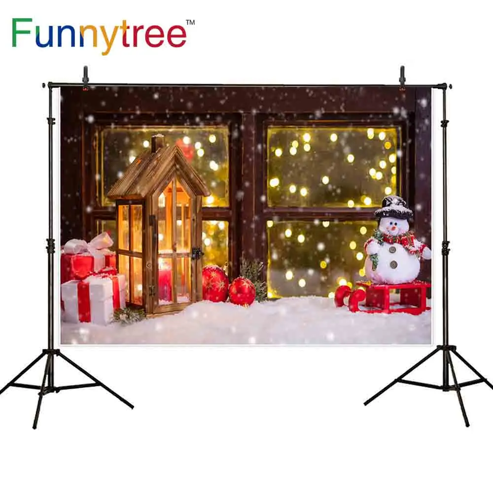 Рождественский фон Funnytree фотография снеговик подарки деревянный дом лампа окно