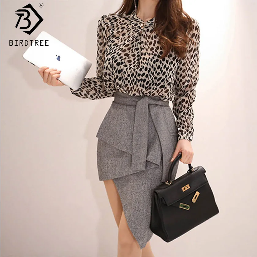 Leopard Top skirts Новинка весны, женские комплекты, Леопардовый топ с высокой талией, а-силуэт, Необычные Юбки на шнуровке с бантом, элегантные офисные женские юбки, комплекты S8D424I - Цвет: Leopard Top skirts