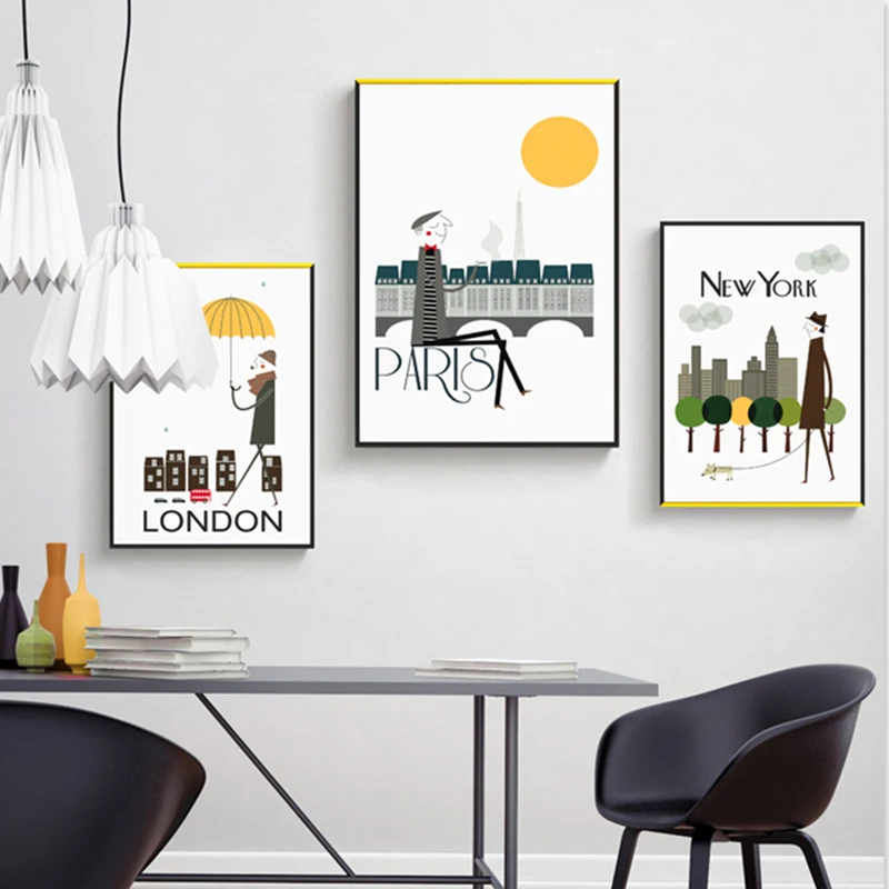 Nordic Cartoon City New York Wall Art Canvas Posters and Prints Modern Minimalist Painting Decorative Picture for Living Room | Дом и сад