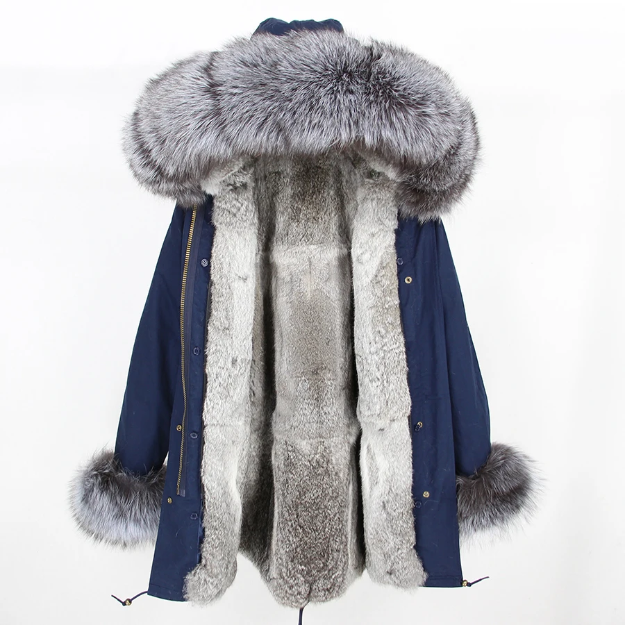 blue silver Брендовое пальто из натурального меха, длинная парка, зимняя куртка, женские парки, натуральный мех енота, капюшон, подкладка из натурального кроличьего меха, роскошная уличная одежда - Цвет: blue silver