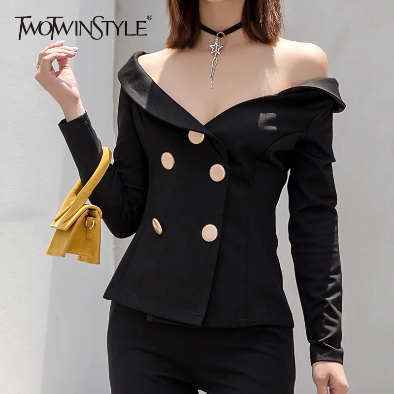 Женский двубортный Блейзер TWOTWINSTYLE черный облегающий блейзер с длинным рукавом и
