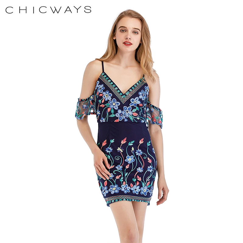 Chicways цветочные Вышитые пикантные холодное плечо короткий рукав мини