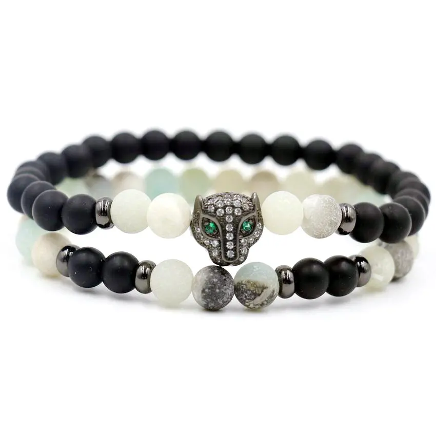 2pcs/set 6MM Amazonite Beaded Bracelet Men Women Love Micro Zircon Leopard Animal Reiki Bracelets For Couples Lucky Jewelry | Украшения и