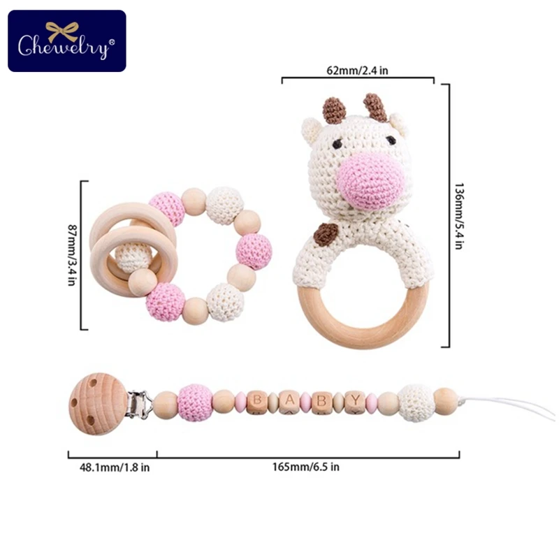 Cow Set 4 1 комплект/3 шт., детский деревянный прорезыватель, детская коляска, Детские Силиконовые Бусины, погремушка, Детская пустышка, зажим для соски, цепочка для коляски, игрушки - Цвет: Cow Set 4