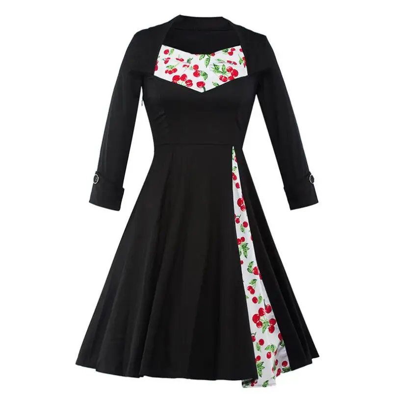 Fashion Ladies Long Sleeve Floral Polka Dots Print Patchwork Dress Casual Vintage Of 1950s 1960s | Женская одежда