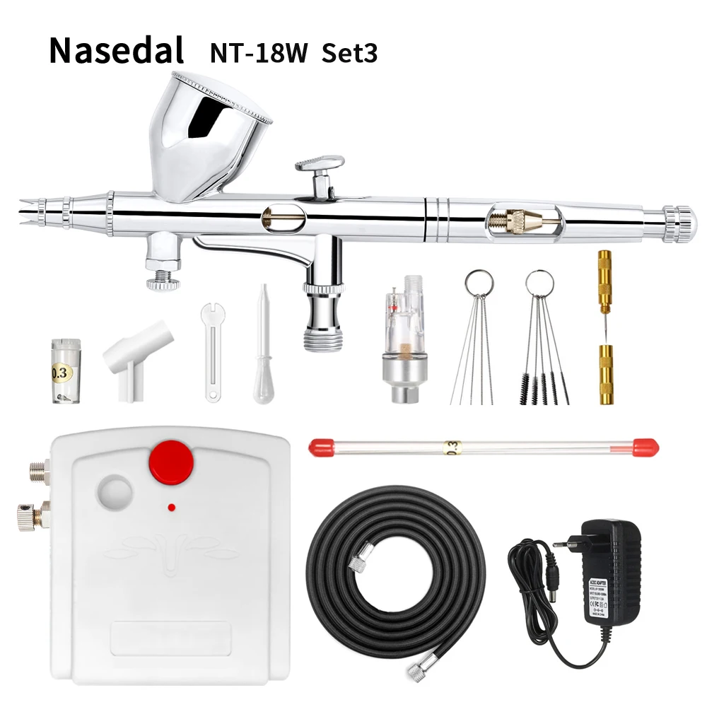 NT-18W-3 NT-18W, мини аэрограф, компрессор, набор, 9cc, двойное действие, Аэрограф, распылитель краски, пистолет для ногтей, для торта, автомобиля, краски, макияж - Цвет: NT-18W-3