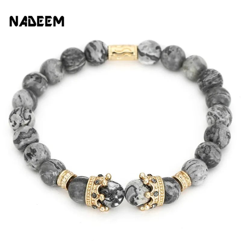 Винтажный браслет с шармом короной Pulseiras Masculinas натуральный мраморный камень