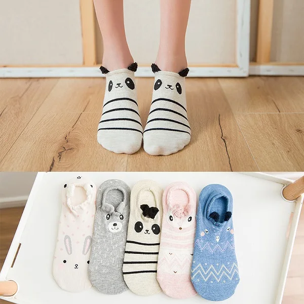 Spotted rabbit Socks 5 пар, милые хлопковые носки с животными женские летние короткие носки с изображением единорога, кота, сердца женские повседневные Мягкие забавные носки, Размеры 35-40 - Цвет: Spotted rabbit Socks