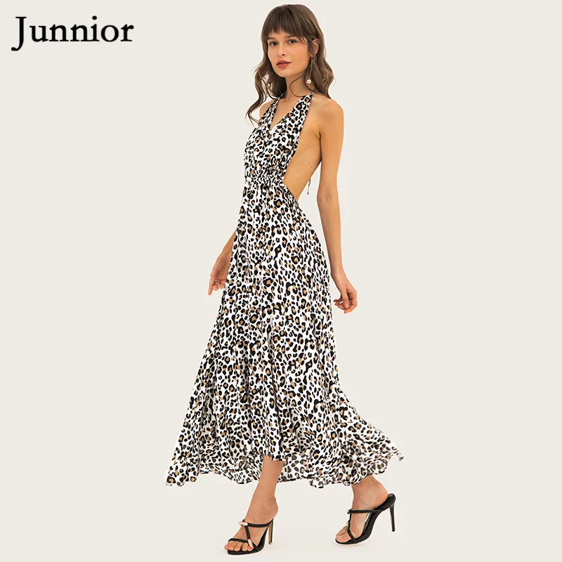 Junnior Винтаж Leopard платье с принтом для Для женщин открытой спиной и лямкой на шее