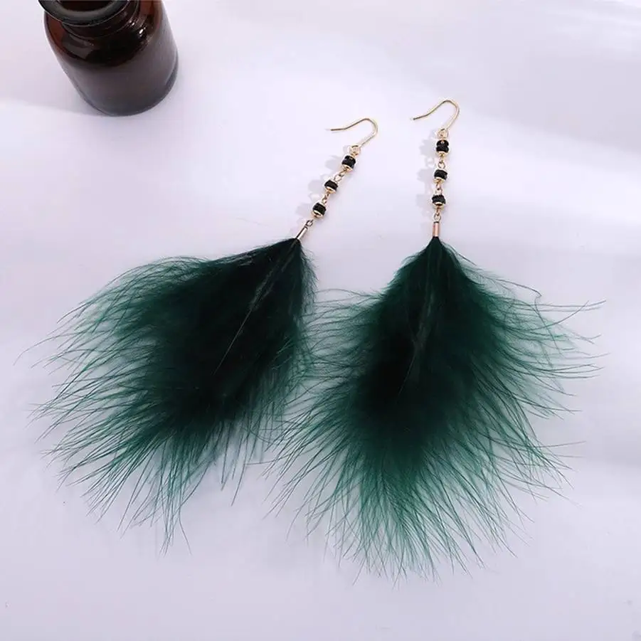 Турецкие этнические цыганские темпераментные длинные висячие серьги с перьями и