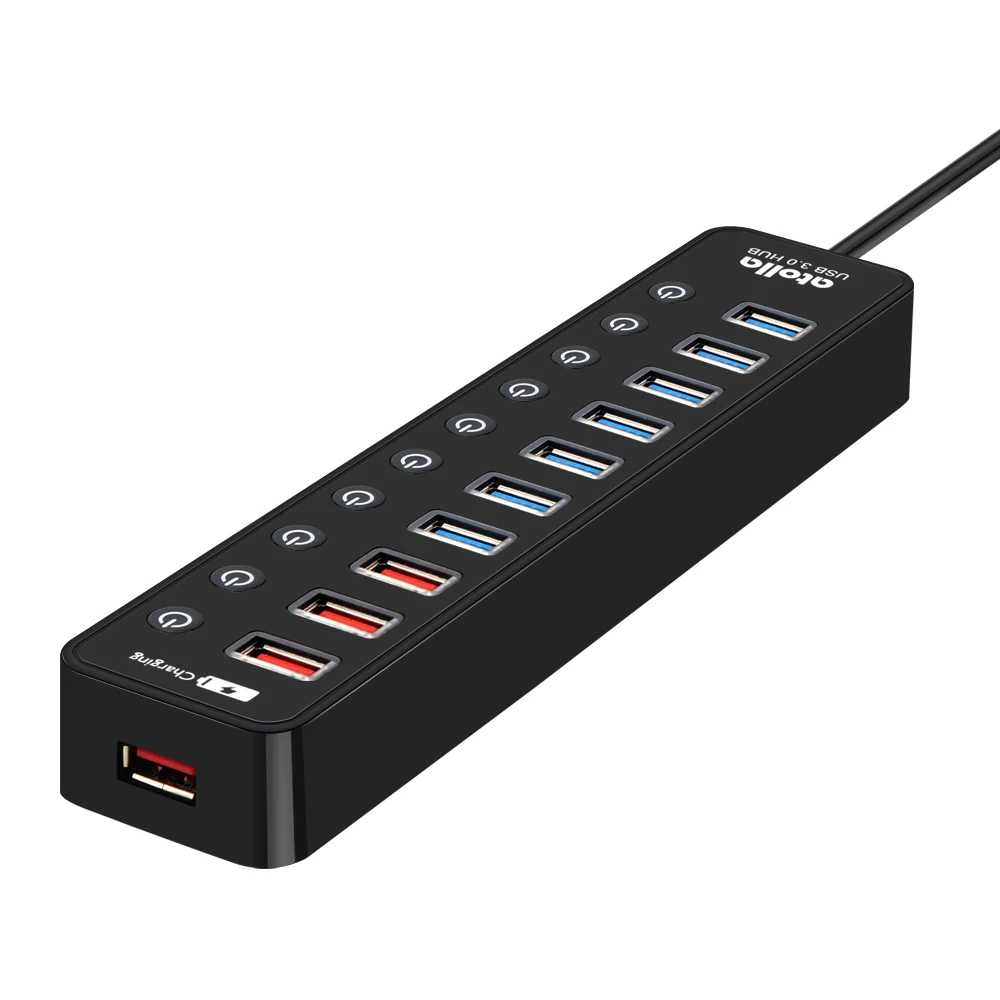 Atolla USB 3,0 концентратор Мощность ed 11-Порты и разъёмы удлинитель сплиттер с индивидуальным включения/выключения и 12 V/4A Мощность адаптер для высокое Мощность usb-устройств