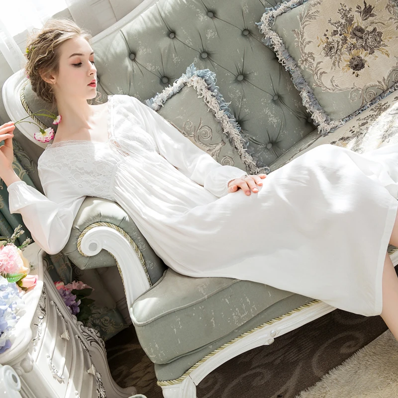 2019 летняя Милая женская хлопковая ночная рубашка с длинными рукавами кружевная