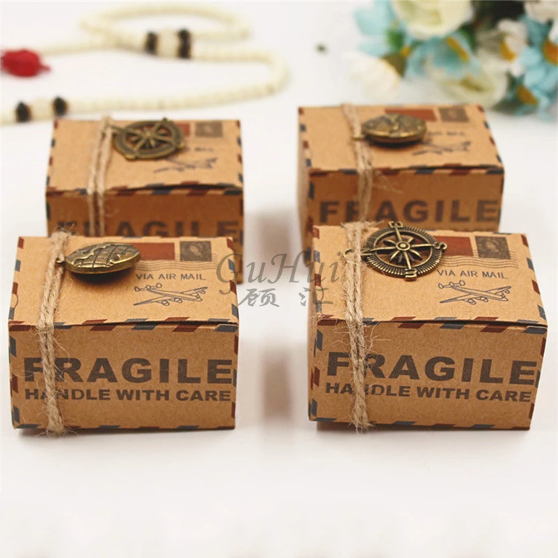 Vintage Wedding Supplies Envelope Air Mail Kraft Paper Candy Box Earth Compass Metal Charms Travel Theme Gift Packaging Rope | Дом и сад
