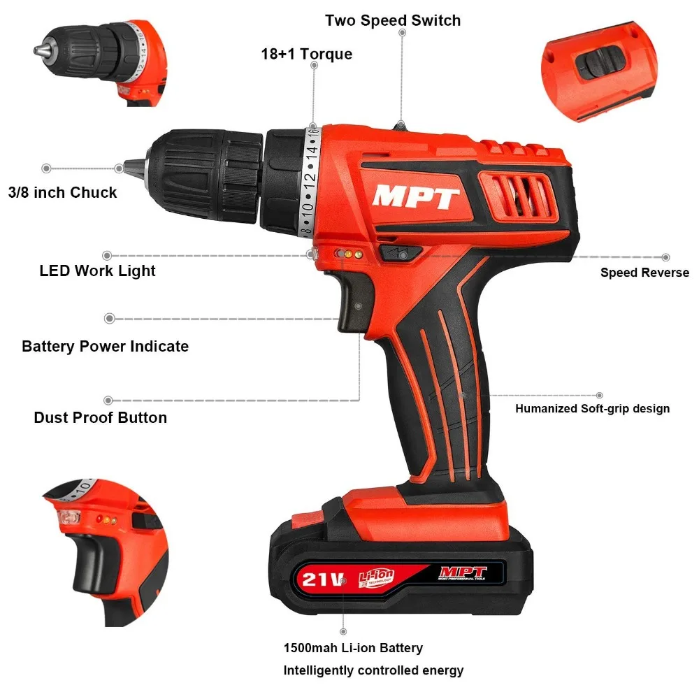 MPT 21V Max 3/8 дюйма компактный беспроводной набор электродрелей с двумя