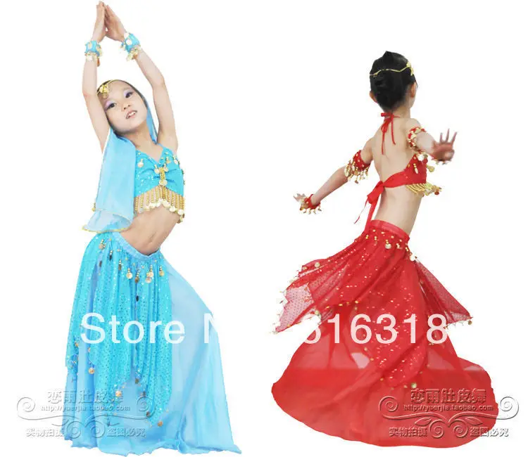 

Children Multicolor Belly Dance Wear Set (Top,Coinskirt, Veil,Bracelets) Indian Sari Costumes Stage Clothing for Kids