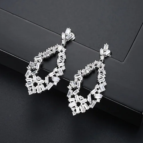 2019 New AAA Cubic Zirconia Hollow Rhombus Geometric Dangle Earrings For Women Bride's Wedding Jewelry Party Statement Earring |