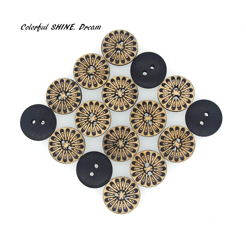 20 шт оптом деревянные круглые пуговицы цветок черная основа дизайн скрапбукинг