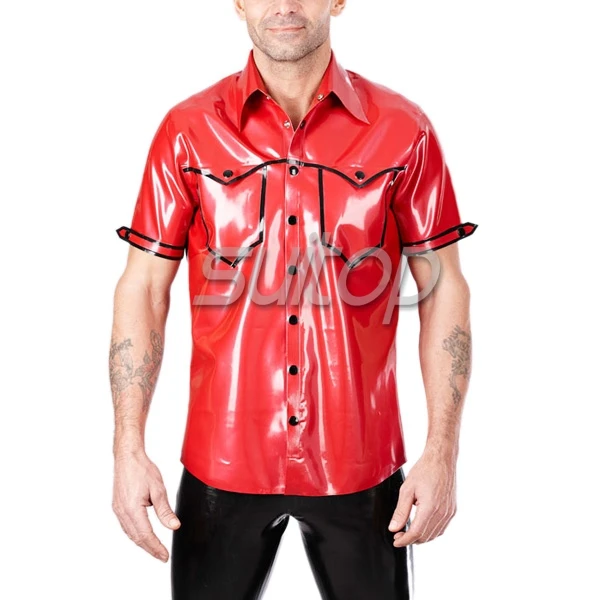 Мужская красная латексная рубашка с коротким рукавом|latex shirt|shirt with short sleevesshirt men red
