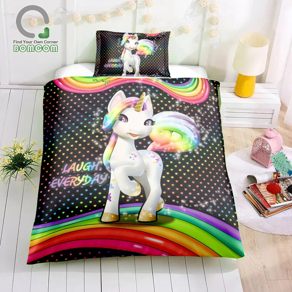 BOMCOM 3D набор постельного белья с цифровой печатью Happy Unicorn подставкой и радужным