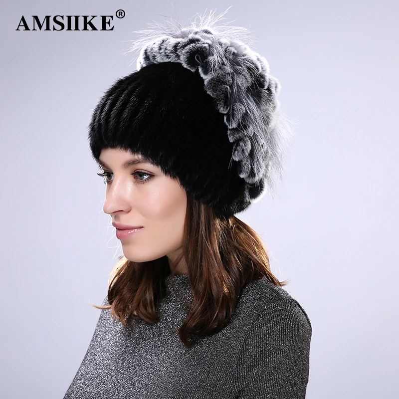 AMSIIKE 2017 Женская Шапка Норковая Бубон из Бобра с Чернобуркой DM702 | Аксессуары для